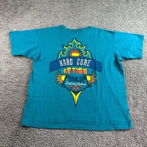 VINTAGE Weekends Shirt Mens Large Hard Core Action Blue Green Single Stitch 90s